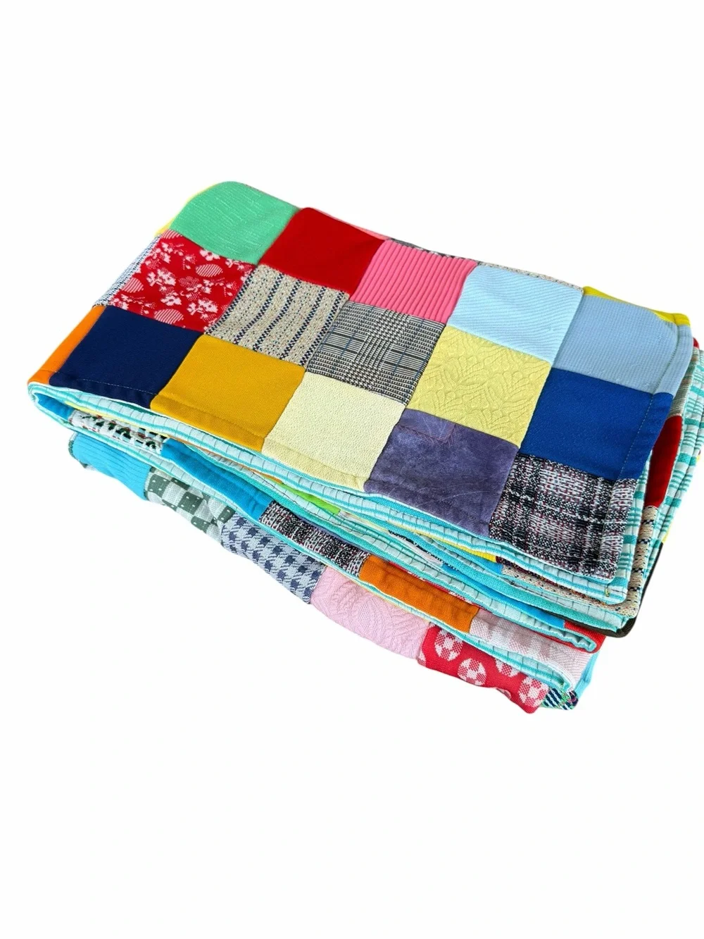 Vintage Double Knit Polyester Patchwork Scrap Quilt Bright Colorful 45x66
